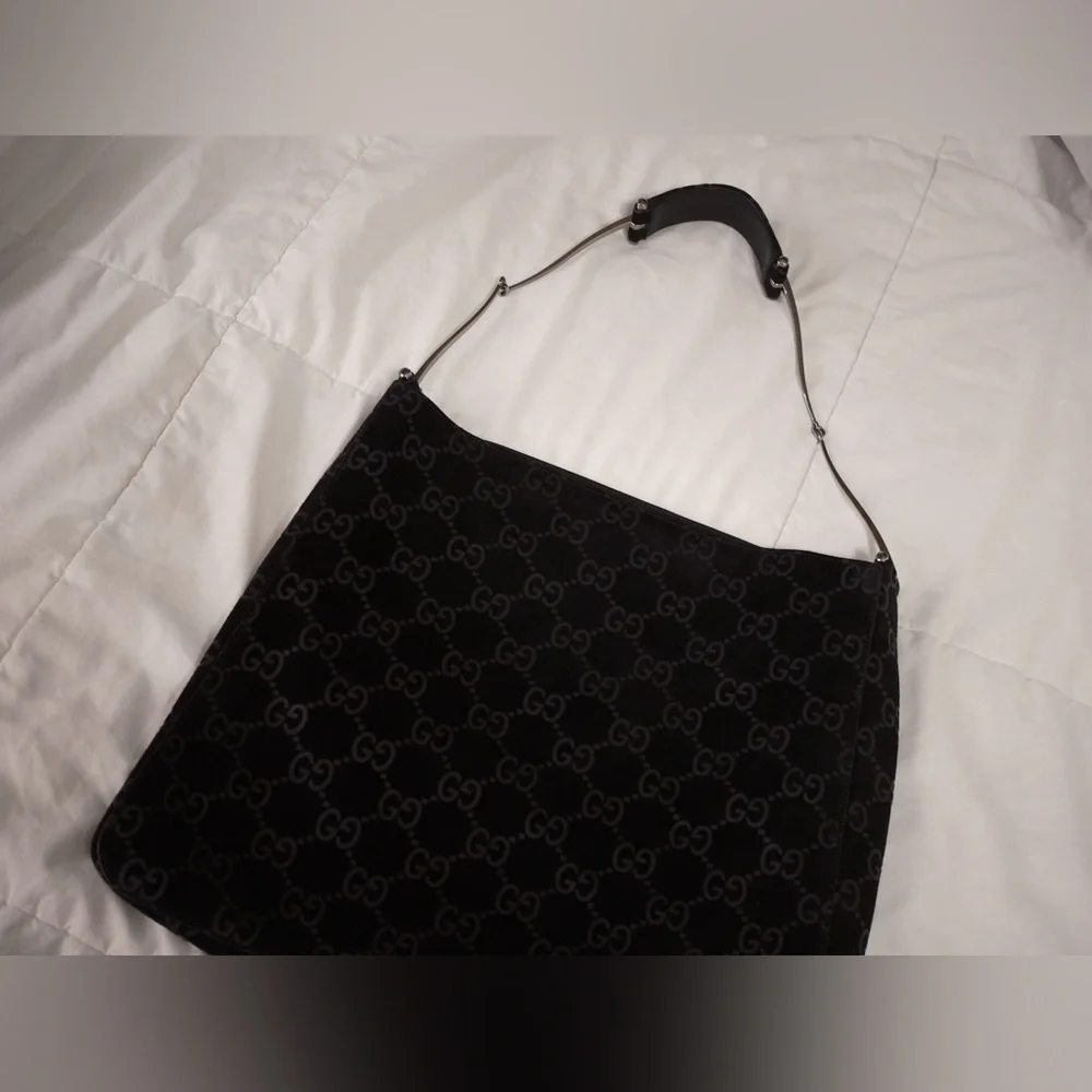 RARE Vintage Gucci Black Suede Monogram Metal Horsebit Strap Hobo Bag - Picture 14 of 17